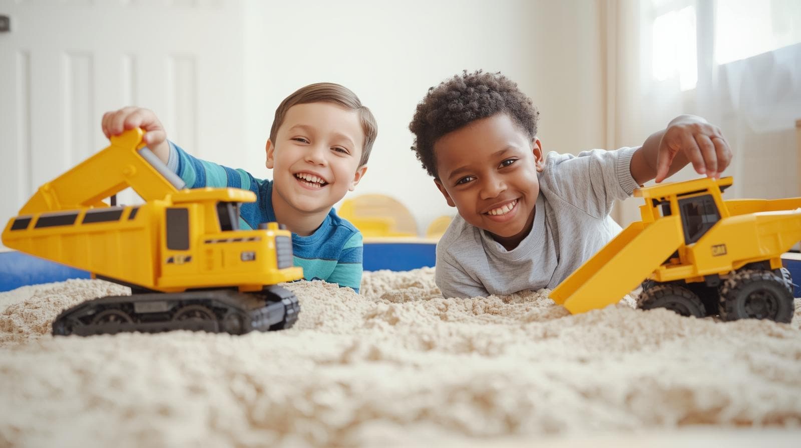 Open play sandbox with toy trucks