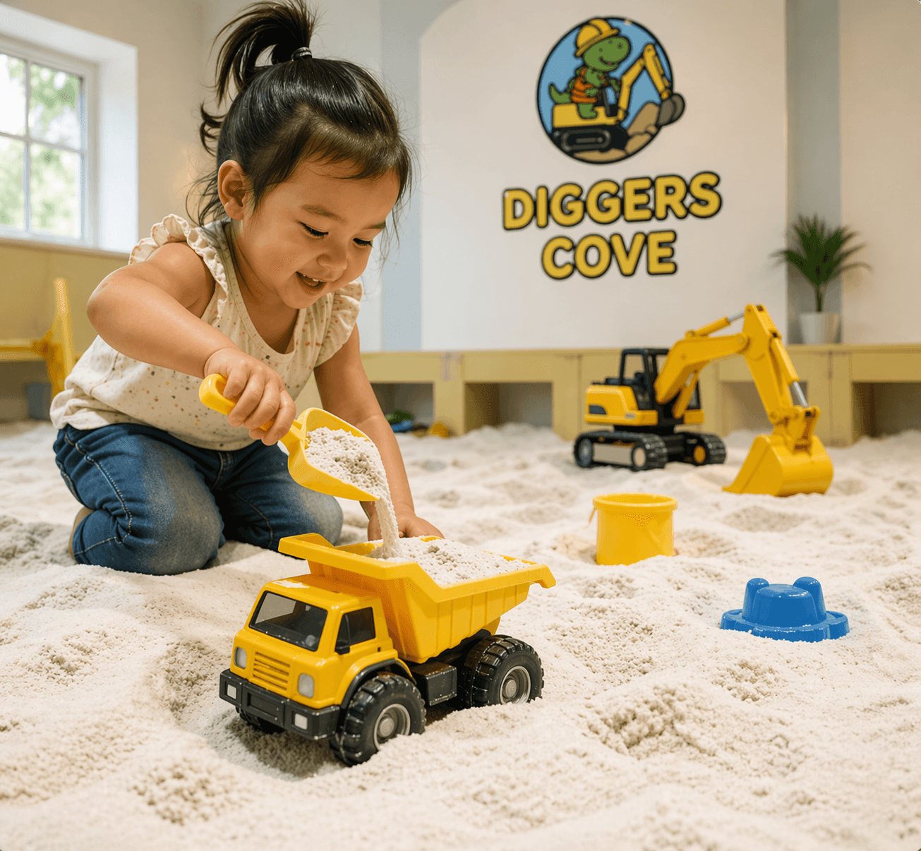 Child playing with sand trucks at Diggers Cove