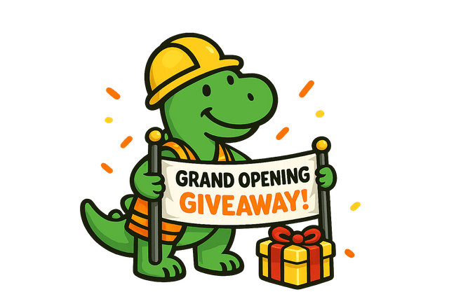 Scoopy with grand opening giveaway sign