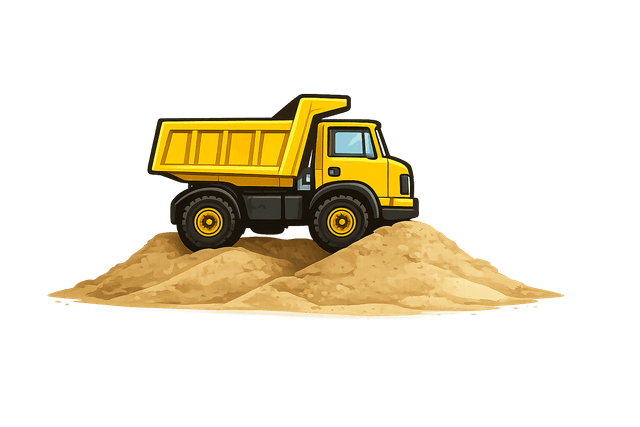 Yellow dump truck on a pile of sand