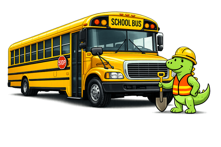 Diggy the dinosaur mascot standing next to a school bus