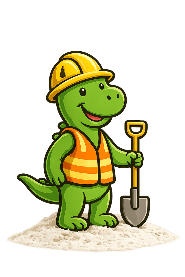 Diggy the dinosaur in a hard hat and safety vest holding a shovel