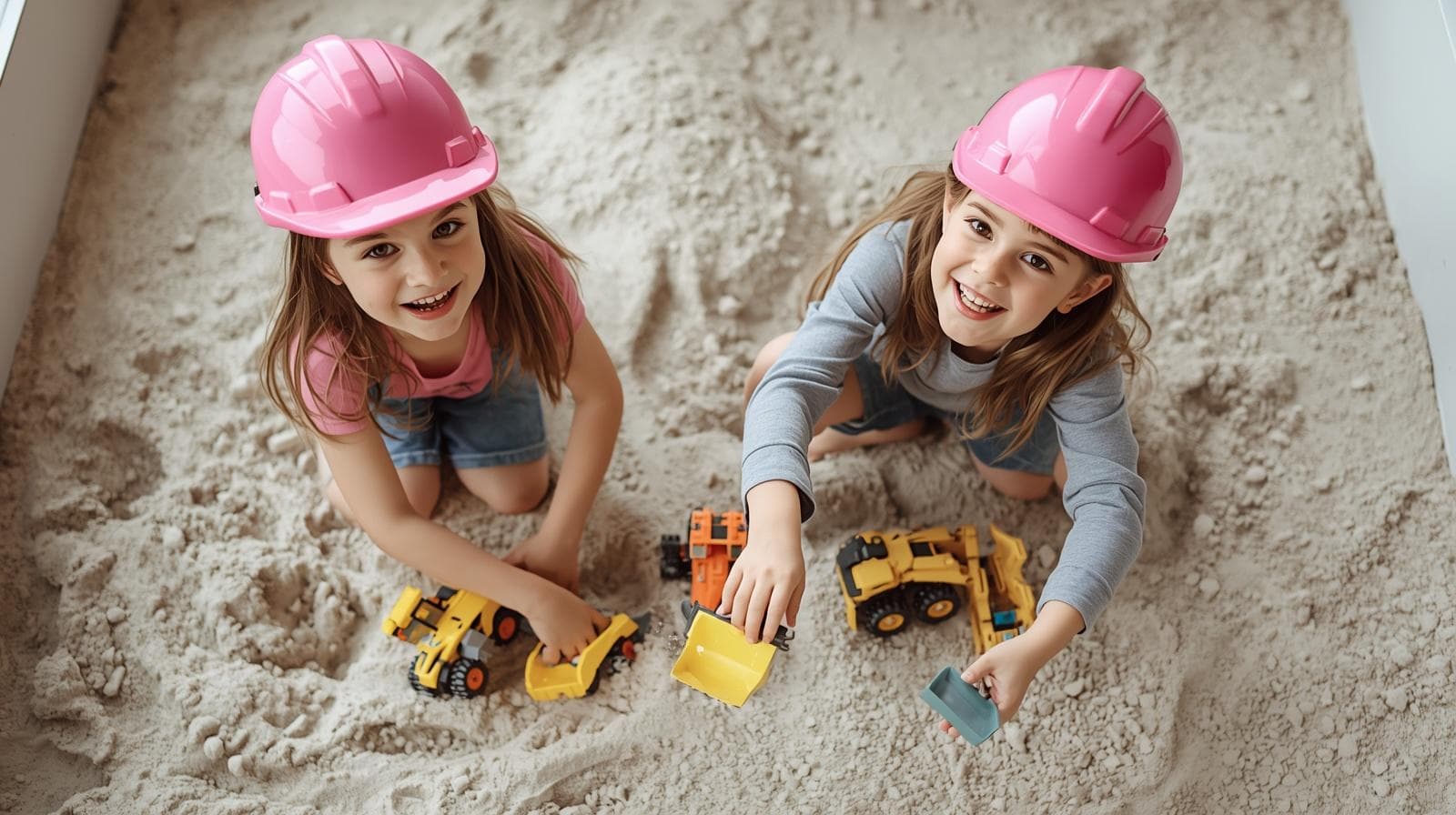 Two kids in pink hard hats playing in the Diggers Cove sand