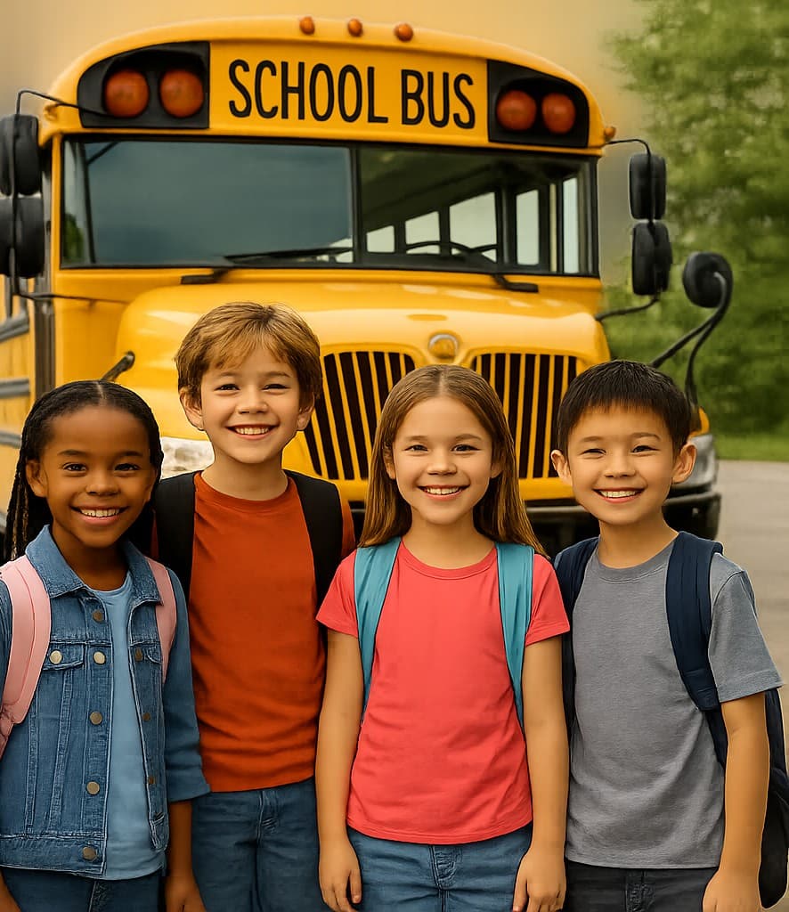 Students smiling in front of a school bus on their way to Diggers Cove