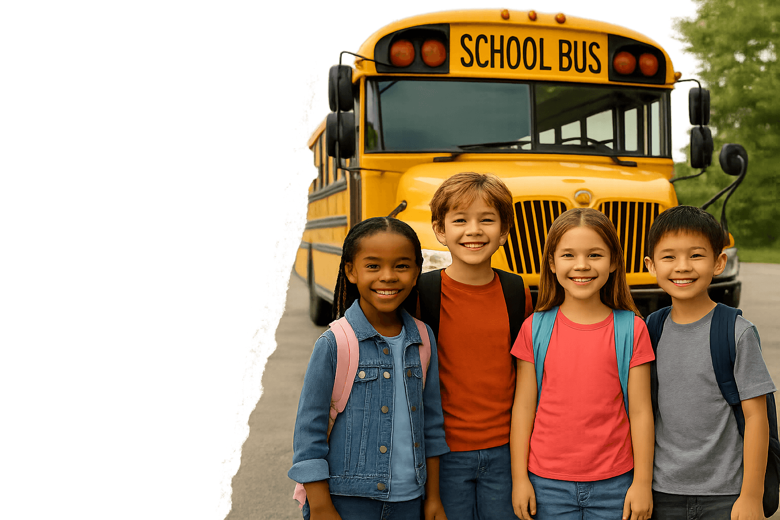 Students smiling in front of a school bus on their way to Diggers Cove