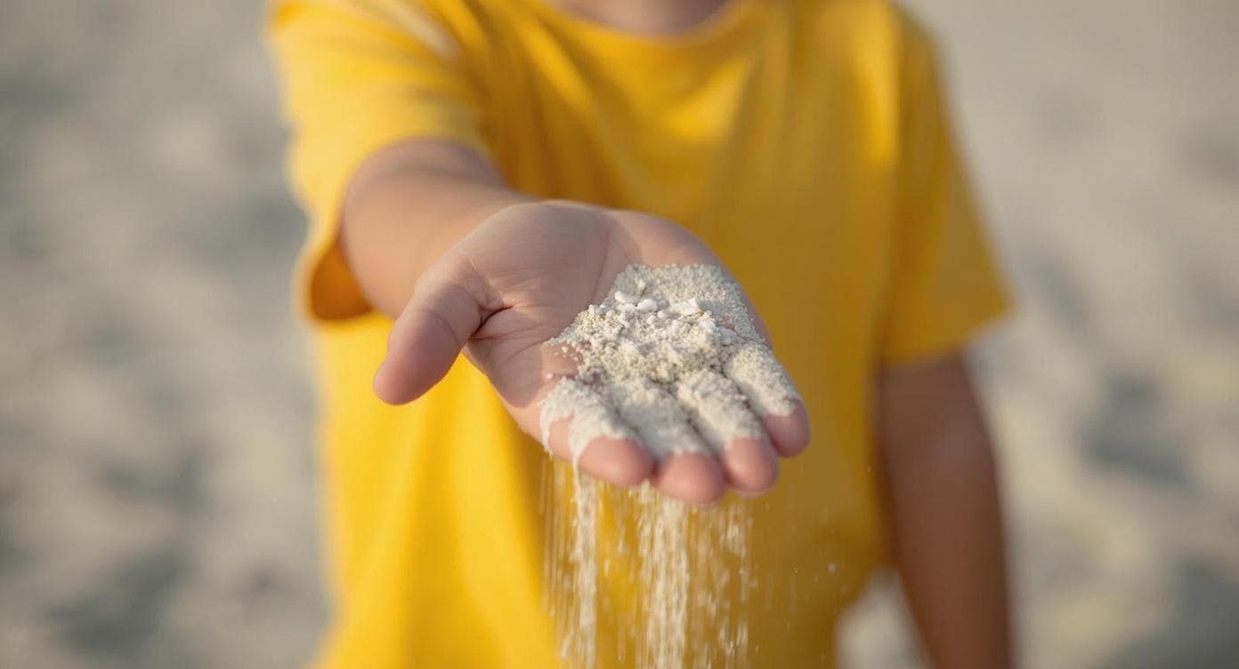 Child holding premium Bahamian sand at Diggers Cove